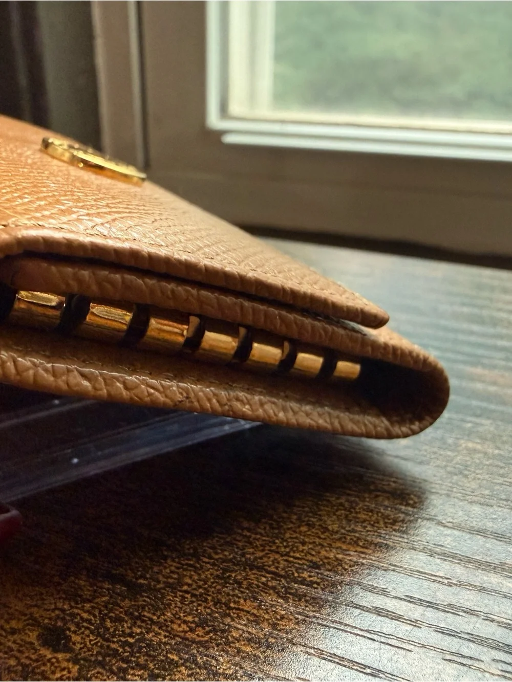 Bvlgari Tan Pebbled Leather Wallet with Gold Logo Medallion